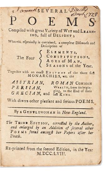 Bradstreet, Anne (1612-1672) Several Poems Compiled with Great Variety of Wit and Learning, full of Delight.